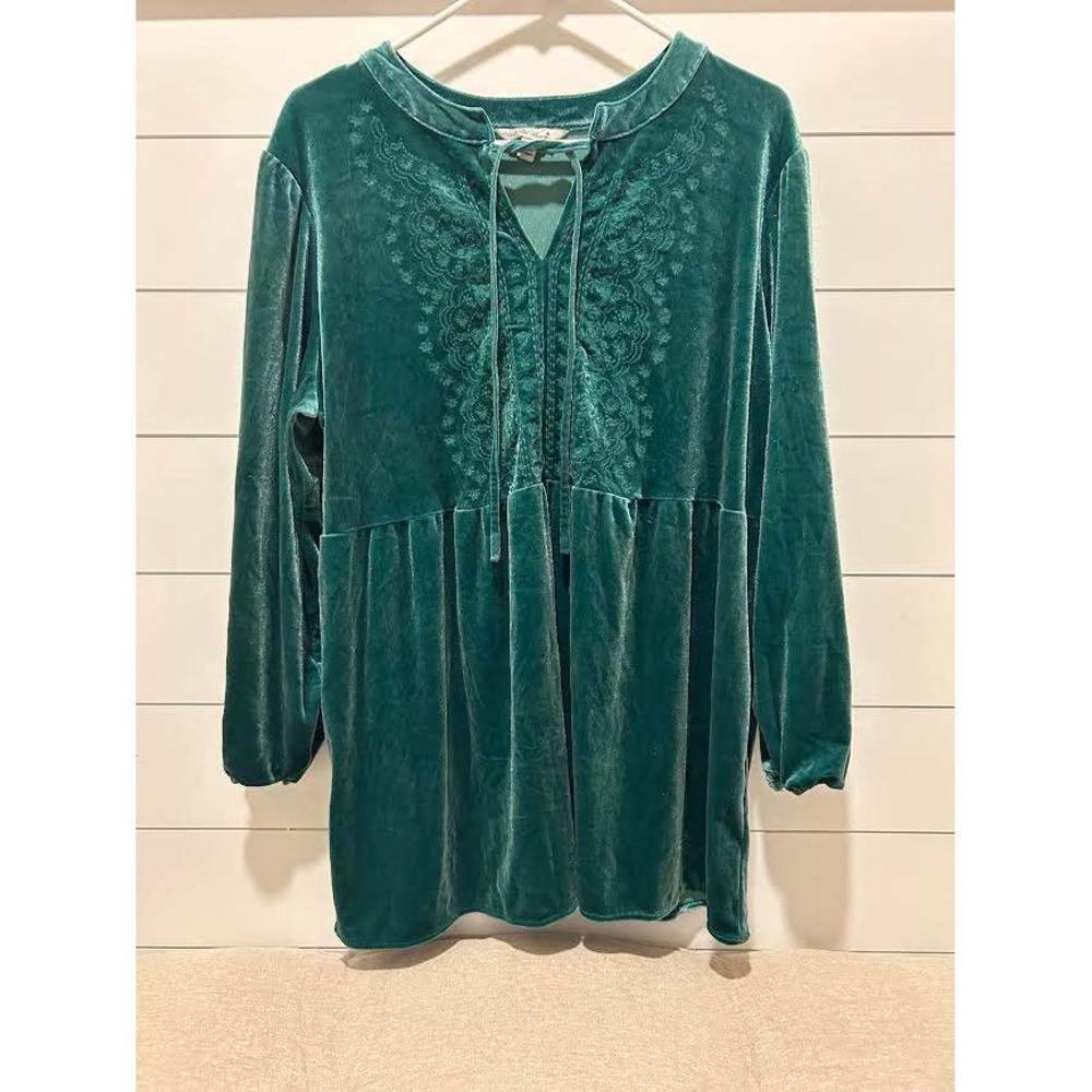 Pioneer Woman Emerald Green Velvet Embroidered Tunic Top XL Boho Cottage Prarie